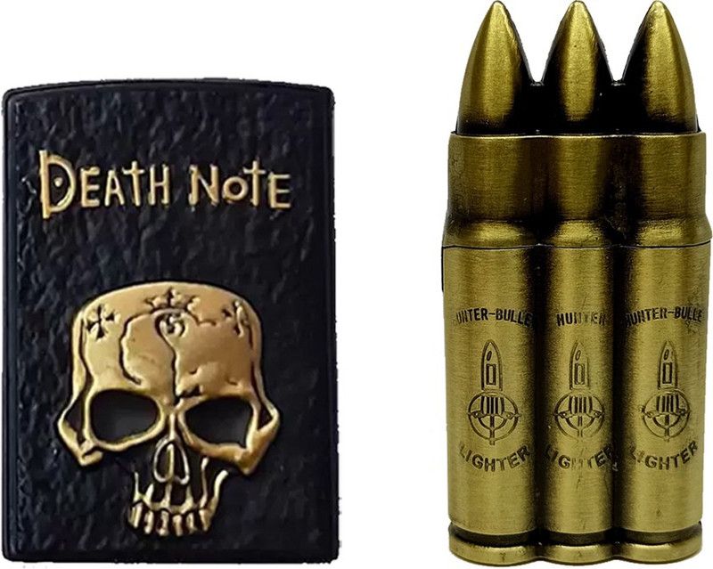Ala Flame Death Note And 3 Bullet Shaped Refillable Premium Look Side Slider Windproof Jet Flame Cigarette Lighter Pocket Lighter Pack Of 2 Pocket Lighter  (BLACK, Gold)
