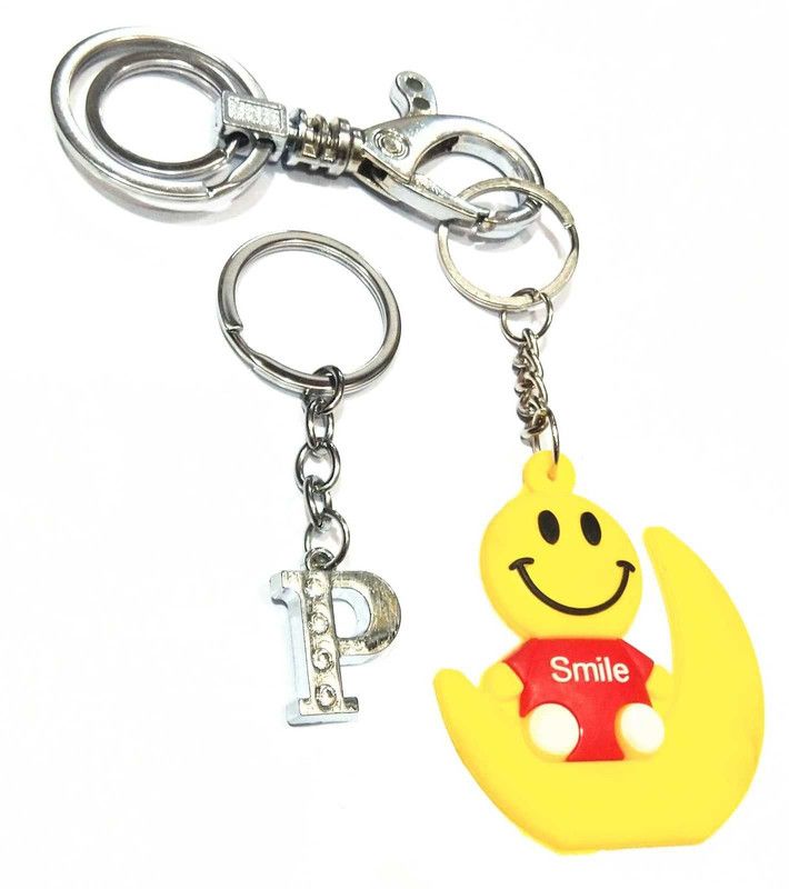 ROYALHUB ALPHABET P LETTER SMILEY AND HOOK KEY RING KEY CHAIN FOR BOYS GIRLS MEN WOMEN HUSBAND WIFE GIRLFRIEND BOYFRIEND BIKE CAR OFFICE BIRTHDAY SET OF 3 Key Chain