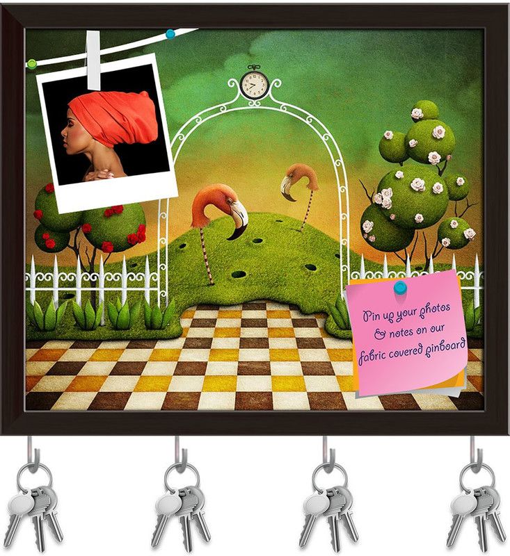 Artzfolio Flamingo & Trees With Roses Pinboard with Key Holders Dark Brown Frame19x16inch Cork Bulletin Board  (Multicolor 19 x 16 inch (48 x 41 cms))