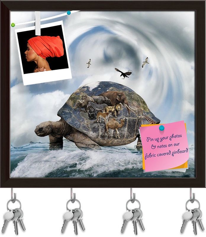 Artzfolio World Turtle Concept Carrying Animals Pinboard & Key Hooks Dark Brown17.6x16in Cork Bulletin Board  (Multicolor 17.6 x 16 inch (45 x 41 cms))