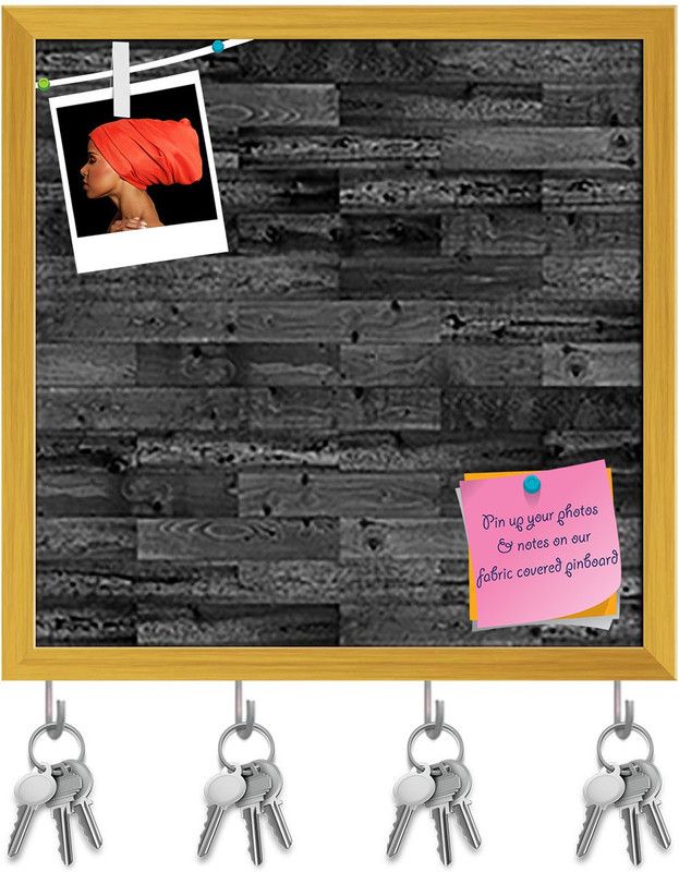 Artzfolio Dark Parquet Pin Board with Key Holder Hooks Golden Frame 20x20inch (51x51cms) Cork Bulletin Board  (Multicolor 20 x 20 inch (51 x 51 cms))