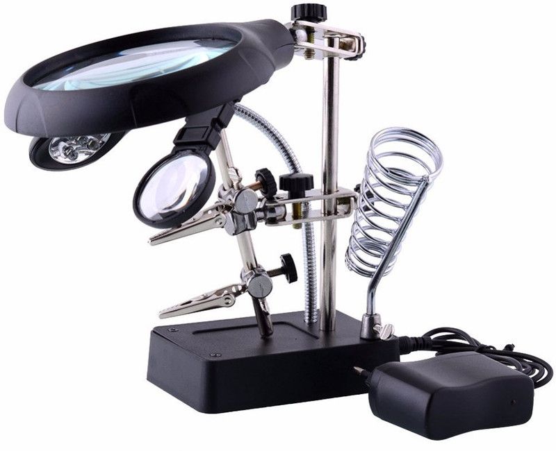 uptodatetools Helping Hand Soldering Stand Magnifying Glass Auxiliary Clamp Clip Magnifier Welding Rework Repair Solder Iron Holder 2.5X 7.5X 10X Magnifying Glass  (black & silver)