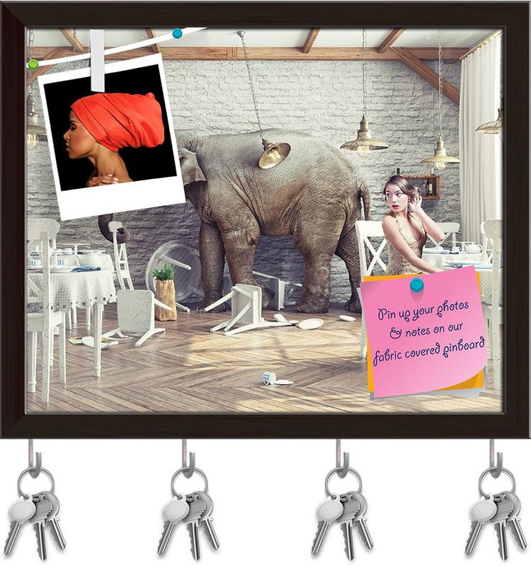 Artzfolio Elephant Calm In A Restaurant Interior Pinboard & Key Hooks Dark Brown 9.7x8in Cork Bulletin Board  (Multicolor 9.7 x 8 inch (25 x 20 cms))