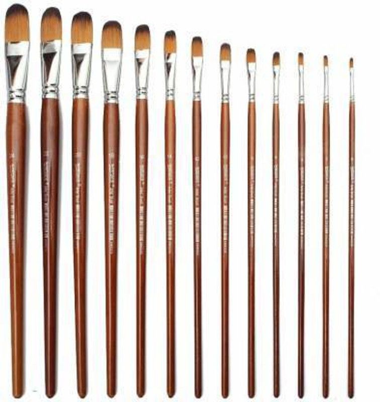 Levin LONG HANDLE SYNTHETIC HAIR FILBERT SHAPED PAINT BRUSHES  (Set of 13, Brown)