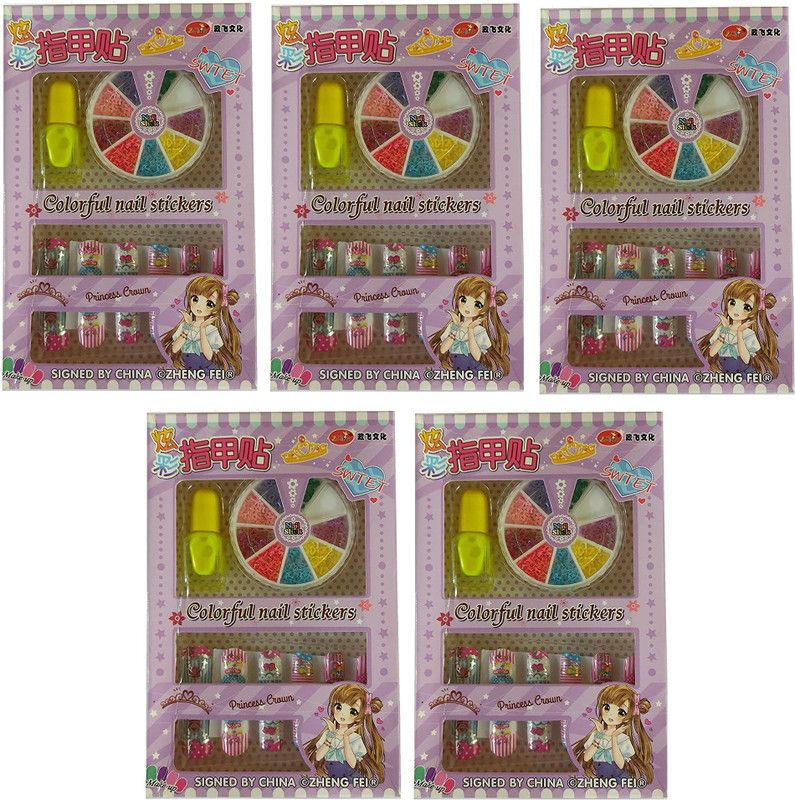 MOREL NAIL ART KIT WITH ARTIFICIAL NAILS STICKER FOR BIRTHDAY GIFT FOR GIRLS LITTLE GIRLS, KIDS (MULTICOLOR) PACK OF 5