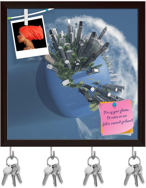 Artzfolio City Earth With Clouds D2 Pinboard with Key Holders Dark Brown Frame8x8inch Cork Bulletin Board  (Multicolor 8 x 8 inch (20 x 20 cms))