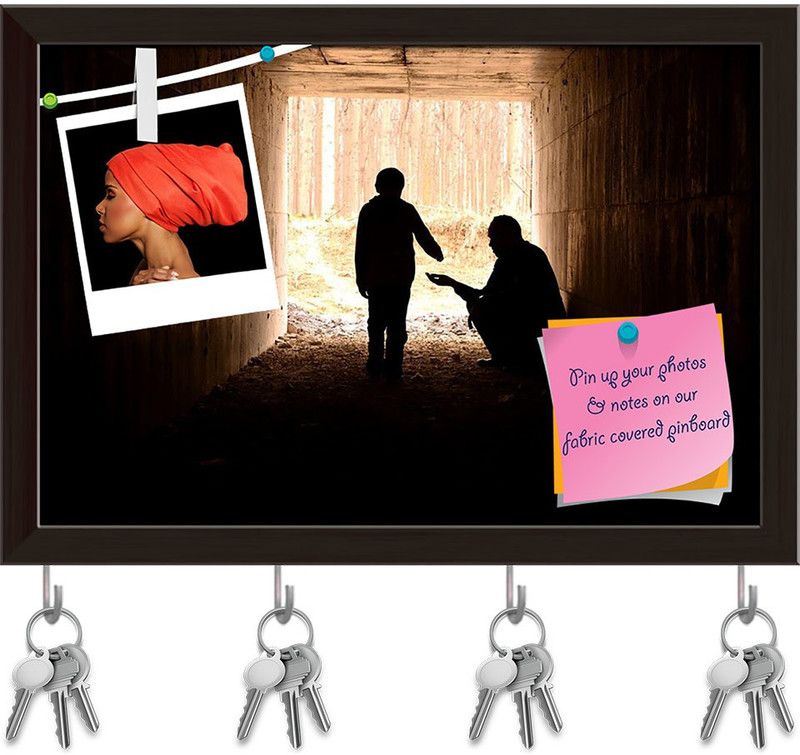 Artzfolio Poor Man & Child Pinboard with Key Holder Hooks Dark Brown Frame 11.5x8inch Cork Bulletin Board  (Multicolor 11.5 x 8 inch (29 x 20 cms))