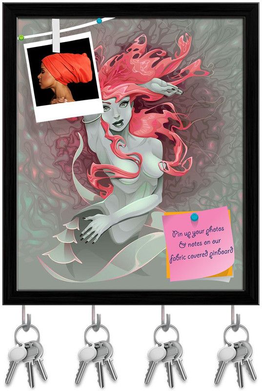 Artzfolio Mermaid Notice Pin Board with Key Holder Hooks Black Frame 8x9.4inch (20x24cms) Cork Bulletin Board  (Multicolor 8 x 9.4 inch (20 x 24 cms))