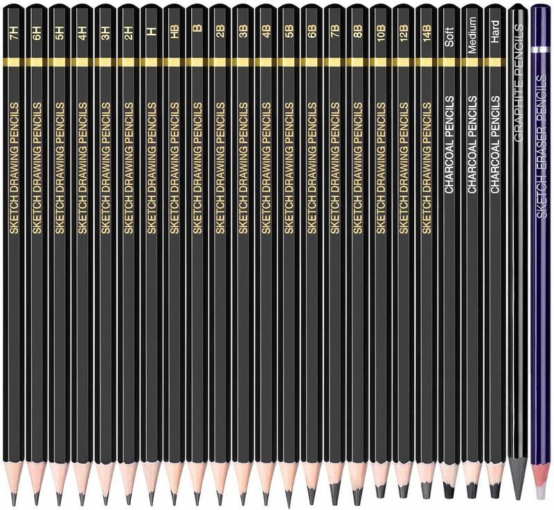 CHROME sketch pencils 14B, 12B, 10B, 8B, 7B, 6B, 5B, 4B, 3B, 2B, B, HB, H, 2H, 3H, 4H, 5H, 6H, 7H, 3 pcs charcoal pencil (soft, medium, hand), 1 pcs woodless graphite pencils, 1 pcs eraser pencils. Pencil  (Pack of 24)