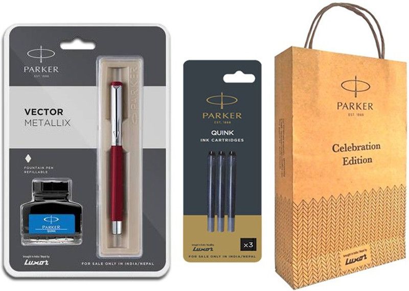 PARKER VECTOR METALLIX FOUNTAINPEN STAINLESS STEEL TRIM With Black Cartridge & Gift Bag Fountain Pen  (Blue)