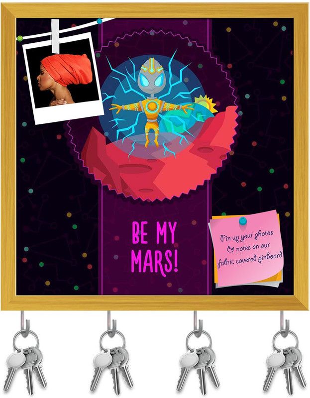 Artzfolio Alien In The Universe D6 Pinboard with Key Holder Hooks Golden Frame 20x20inch Cork Bulletin Board  (Multicolor 20 x 20 inch (51 x 51 cms))