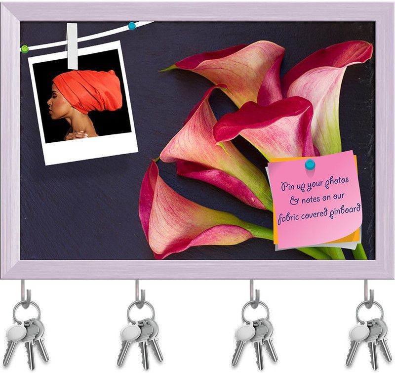 Artzfolio Calla Lilly Pinboard with Key Holder Hooks White Frame 17.4x12inch (44x30cms) Cork Bulletin Board  (Multicolor 17.4 x 12 inch (44 x 30 cms))
