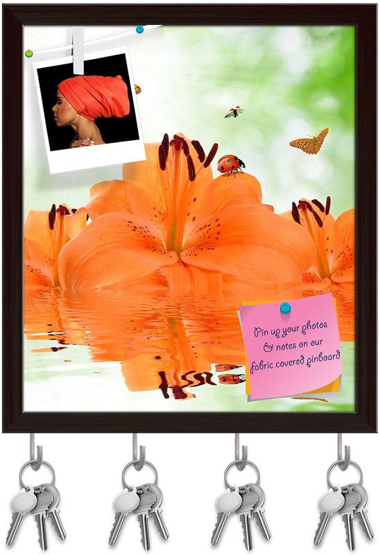 Artzfolio Orange Lily With Butterflies & Ladybugs Pinboard & Key Hooks Dark Brown8x9.1in Cork Bulletin Board  (Multicolor 8 x 9.1 inch (20 x 23 cms))