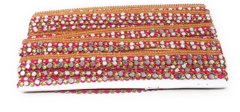 Inhika 9 Meters Lace Border Material, Real Mirror Embroider Polyester Fabric (2 cm Wide, Rani Pink) for saree dupatta lehenga blouse Lace Reel  (Pack of 1)