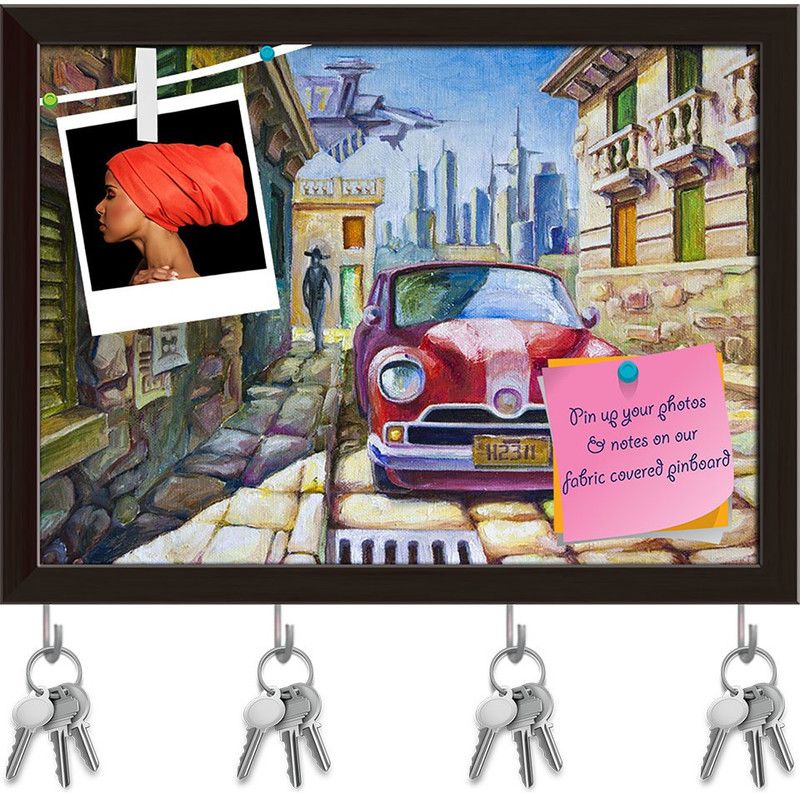 Artzfolio Old Red Car Is Standing At Sunny Street Pinboard Key Hook Dark Brown13.5x10in Cork Bulletin Board  (Multicolor 13.5 x 10 inch (34 x 25 cms))