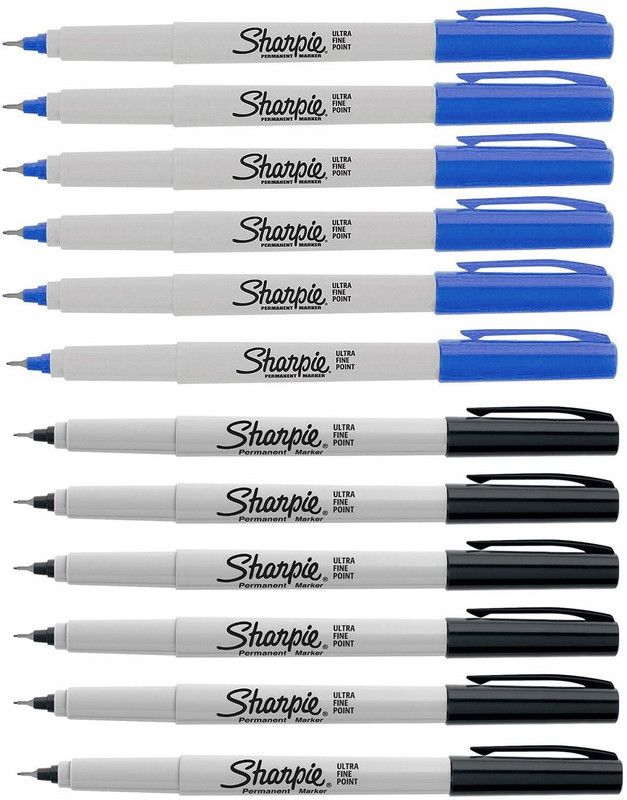 Sharpie Pemanent Markers Ultra Fine Point - Blue & Black ink  (Set of 12, Blue-Black)