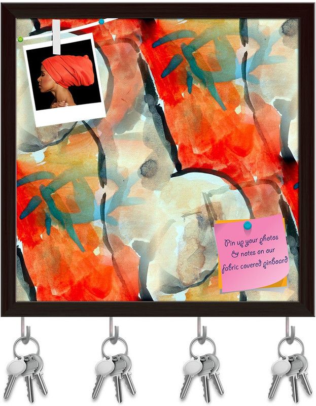 Artzfolio Red Black Cubism Pinboard with Key Holder Hooks Dark Brown Frame 8x8inch Cork Bulletin Board  (Multicolor 8 x 8 inch (20 x 20 cms))