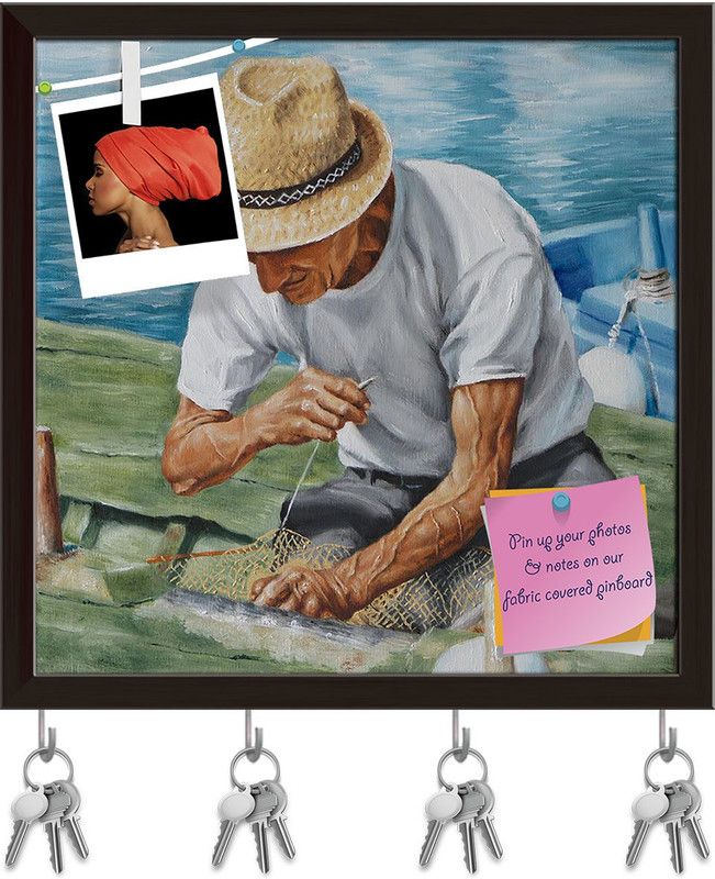 Artzfolio Fisherman & His Fishing Net Pinboard & Key Holders Dark Brown Frame16.2x16inch Cork Bulletin Board  (Multicolor 16.2 x 16 inch (41 x 41 cms))