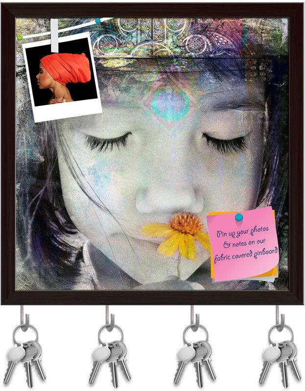 Artzfolio Child With a Yellow Wildflower Pinboard & Key Holders Dark Brown Frame20x20inch Cork Bulletin Board  (Multicolor 20 x 20 inch (51 x 51 cms))