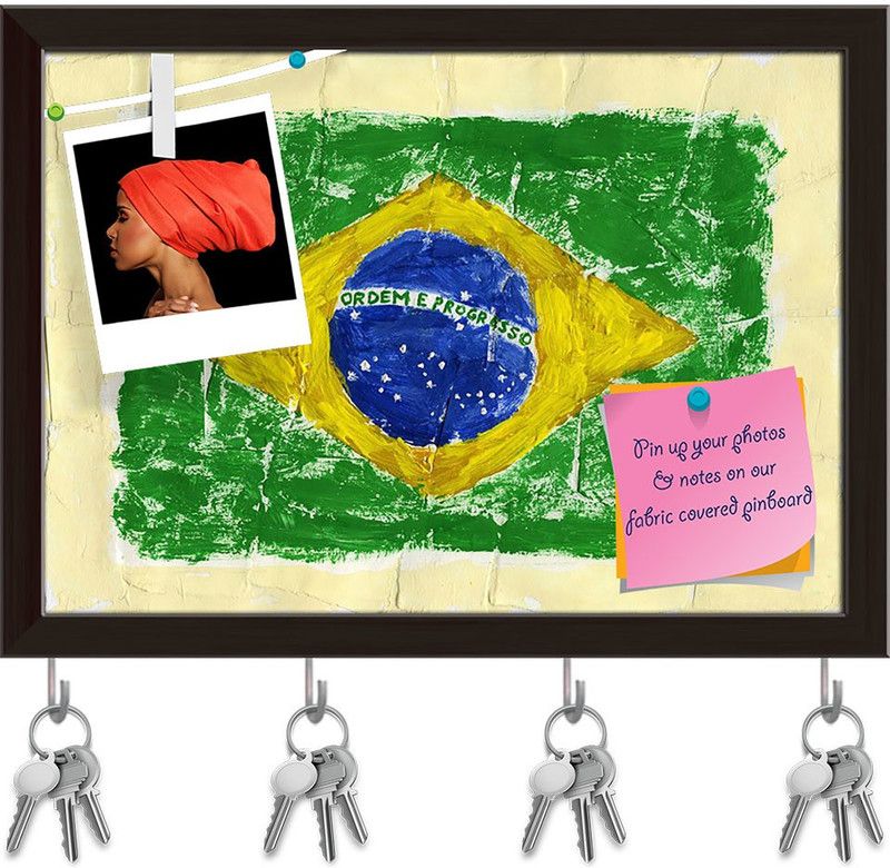 Artzfolio Flag Of Brazil Pinboard with Key Holder Hooks Dark Brown Frame 11x8inch Cork Bulletin Board  (Multicolor 11 x 8 inch (28 x 20 cms))