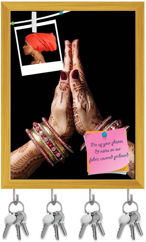 Artzfolio Woman Hands with Henna in Namaste Mudra Pinboard & Key Hooks Golden Frame6x7.7in Cork Bulletin Board  (Multicolor 6 x 7.7 inch (15 x 20 cms))