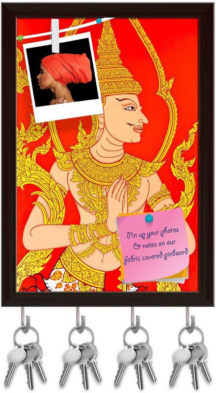 Artzfolio Thai Artwork Art Pinboard with Key Holder Hooks Dark Brown Frame 6x8.5inch Cork Bulletin Board  (Multicolor 6 x 8.5 inch (15 x 22 cms))