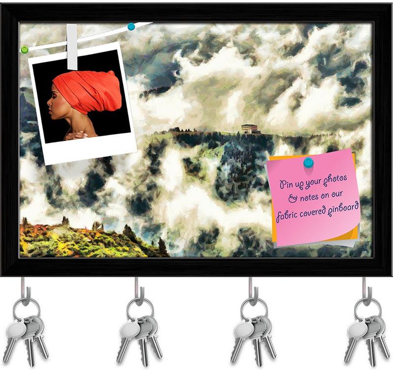 Artzfolio Fairy Landscape Pin Board with Key Holders Black Frame 11.5x8inch (29x20cms) Cork Bulletin Board  (Multicolor 11.5 x 8 inch (29 x 20 cms))