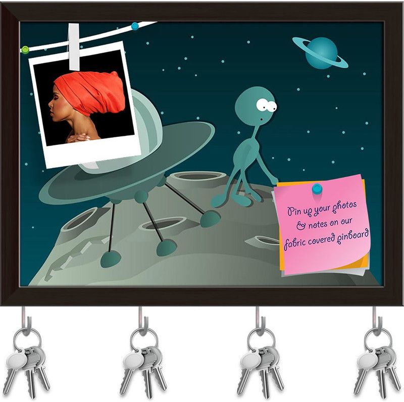 Artzfolio Two Aliens & Spaceship Pinboard with Key Holders Dark Brown Frame13.3x10inch Cork Bulletin Board  (Multicolor 13.3 x 10 inch (34 x 25 cms))
