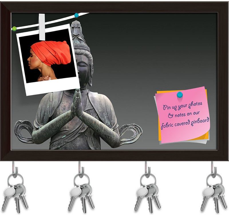 Artzfolio Buddha Pin Board with Key Holder Hooks Dark Brown Frame 17.5x12inch (44x30cms) Cork Bulletin Board  (Multicolor 17.5 x 12 inch (44 x 30 cms))