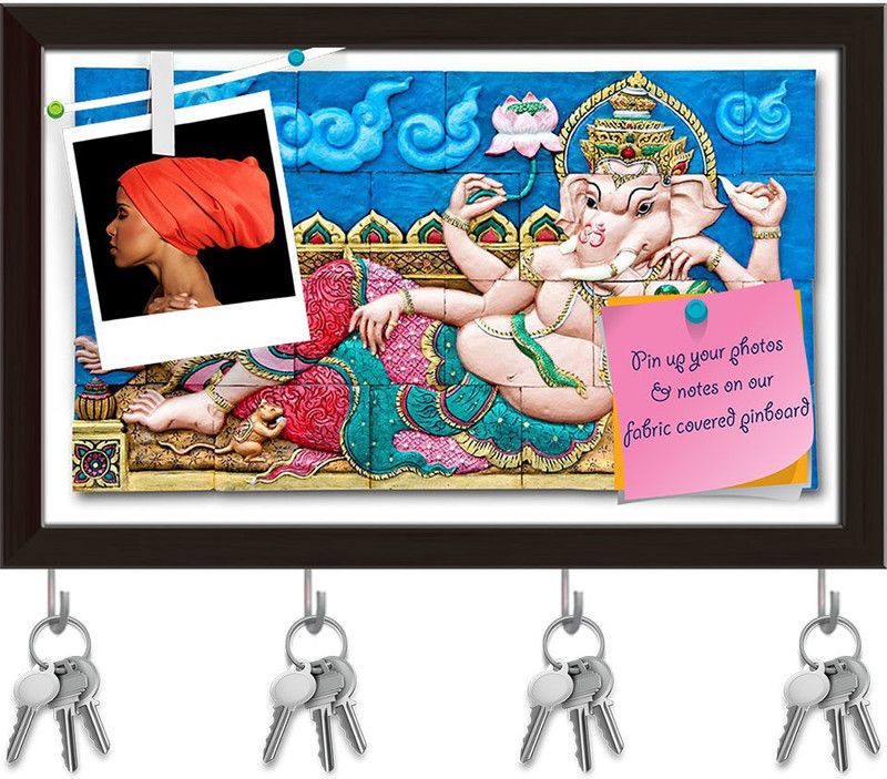 Artzfolio Lord Ganesh D3 Pinboard with Key Holder Hooks Dark Brown Frame 9.4x6inch Cork Bulletin Board  (Multicolor 9.4 x 6 inch (24 x 15 cms))