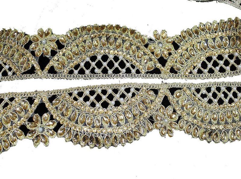 CMHOWLITE Golden Floral Stone Work Embellished Embroidered Border, Package of 9 Metres,Width 2.5 Inches (6.35 cm) for Saree, Lehenga, Suits, Blouses, Craft Work Lace Reel  (Pack of 1)