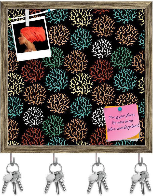 Artzfolio Spring Leaves Pin Board with Key Holders Antique Golden Frame 16x16inch Cork Bulletin Board  (Multicolor 16 x 16 inch (41 x 41 cms))