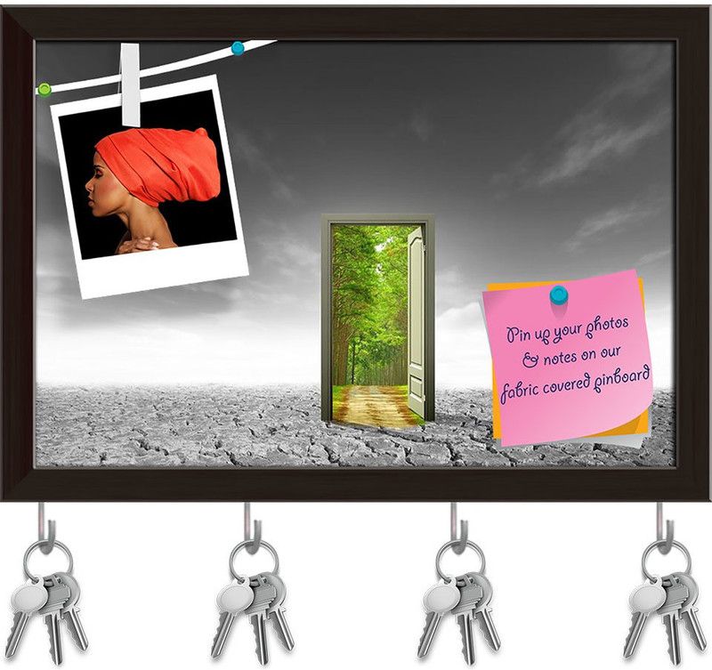 Artzfolio Door Open To The New World Pinboard with Key Holders Dark Brown Frame8.5x6inch Cork Bulletin Board  (Multicolor 8.5 x 6 inch (22 x 15 cms))