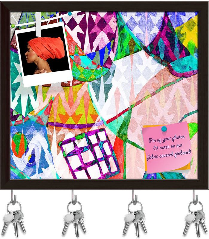 Artzfolio Abstract Color Pinboard with Key Holder Hooks Dark Brown Frame 6.6x6inch Cork Bulletin Board  (Multicolor 6.6 x 6 inch (17 x 15 cms))