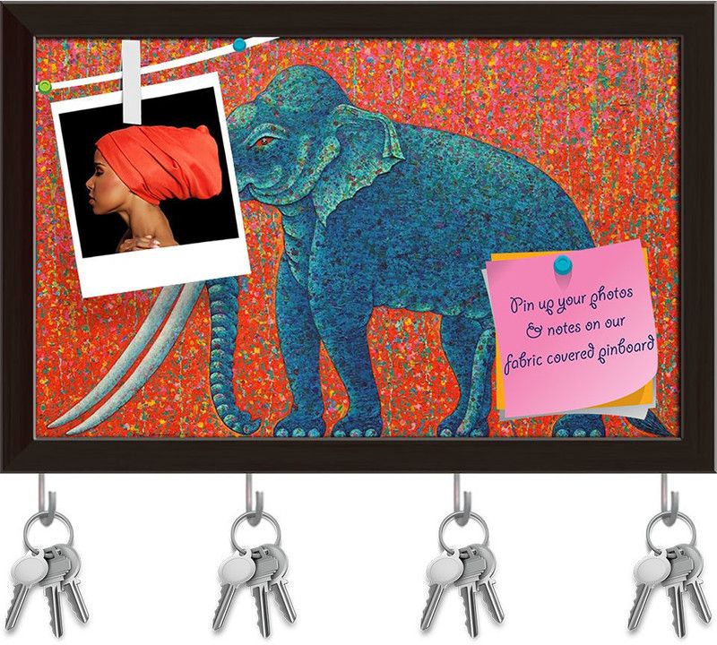 Artzfolio Blue Elephant D2 Pinboard with Key Holder Hooks Dark Brown Frame 18.7x12inch Cork Bulletin Board  (Multicolor 18.7 x 12 inch (47 x 30 cms))