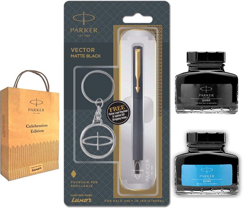 PARKER Vector Matte Black Fountain Pen with Blue + Black Ink Bottle and Gift Bag Pen Gift Set  (Black, Blue)