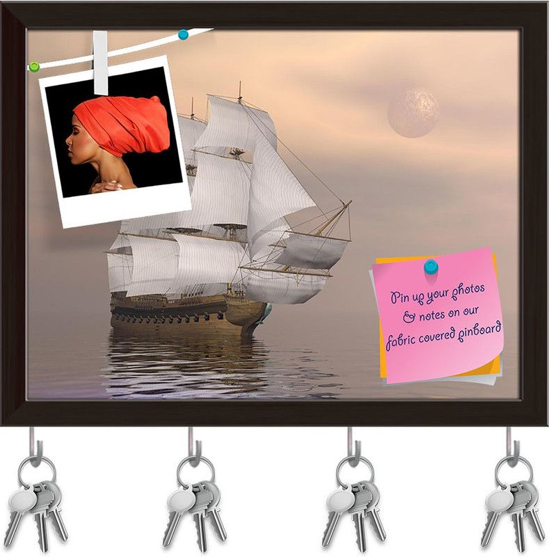 Artzfolio Old Merchant Ship D1 Pinboard with Key Holder Hooks Dark Brown Frame 13x10inch Cork Bulletin Board  (Multicolor 13 x 10 inch (33 x 25 cms))