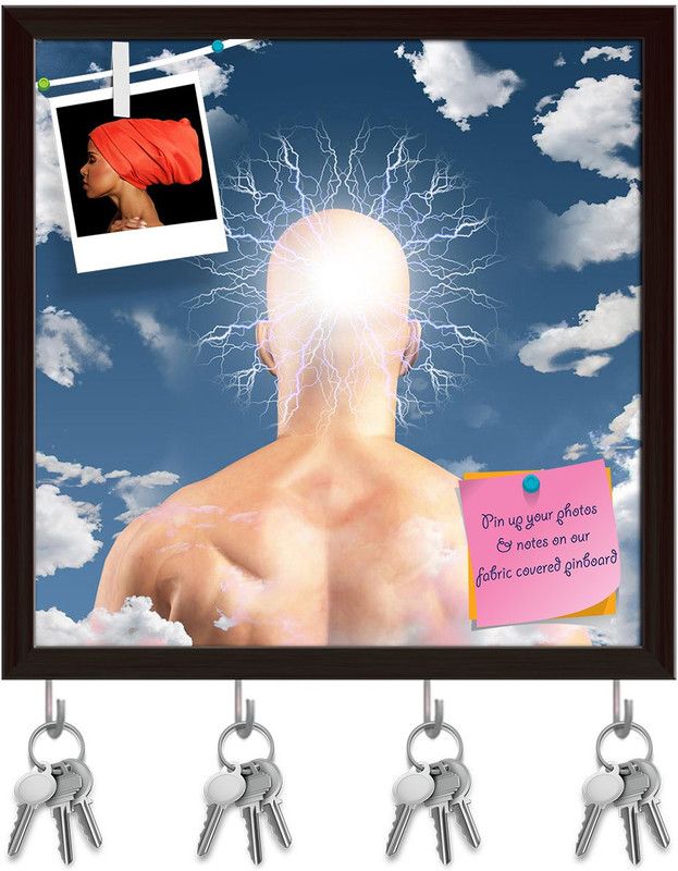 Artzfolio Man With Head In Clouds Pinboard with Key Holders Dark Brown Frame16x16inch Cork Bulletin Board  (Multicolor 16 x 16 inch (41 x 41 cms))