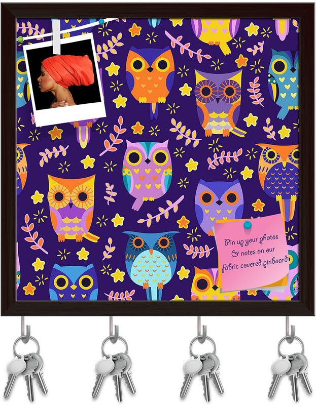 Artzfolio Owls Pinboard with Key Holder Hooks Dark Brown Frame 20 x 20 inch (51 x 51 cms) Cork Bulletin Board  (Multicolor 20 x 20 inch (51 x 51 cms))