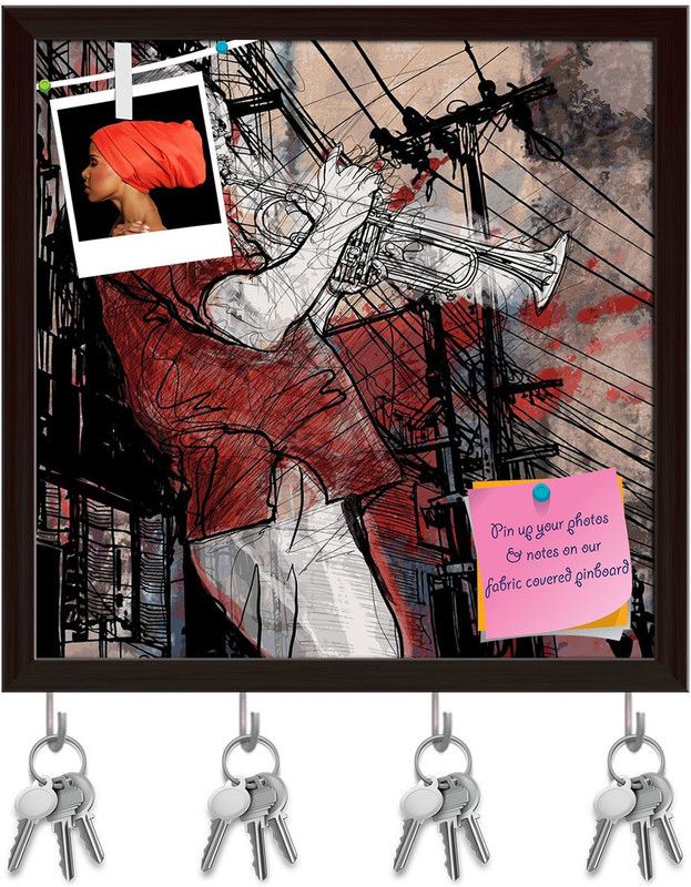 Artzfolio Jazz Music Trumpet Musician Pinboard with Key Holders Dark Brown Frame8x8inch Cork Bulletin Board  (Multicolor 8 x 8 inch (20 x 20 cms))