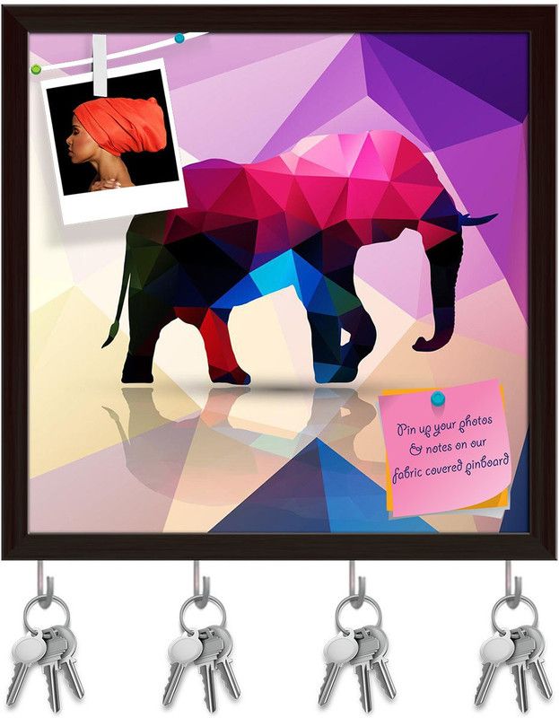 Artzfolio Geometric Polygonal Elephant Pinboard with Key Holders Dark Brown Frame20x20inch Cork Bulletin Board  (Multicolor 20 x 20 inch (51 x 51 cms))