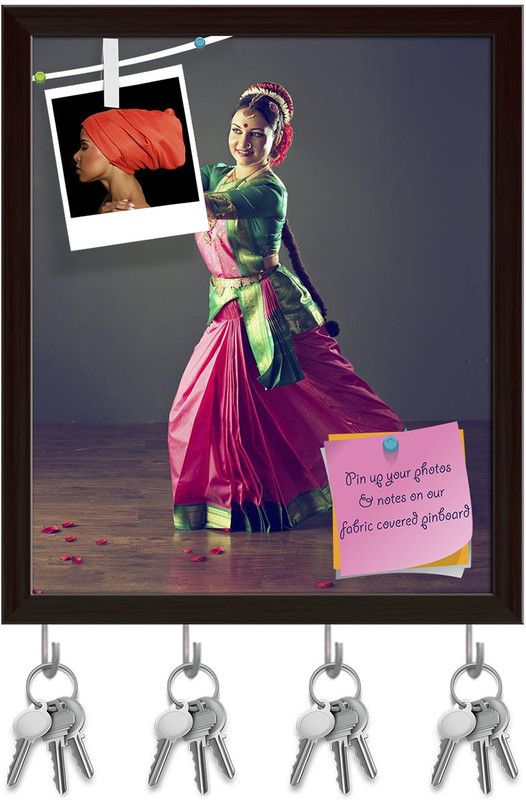 Artzfolio Indian Classical Dance Pin Board with Key Holders Dark Brown Frame 8x9.5inch Cork Bulletin Board  (Multicolor 8 x 9.5 inch (20 x 24 cms))