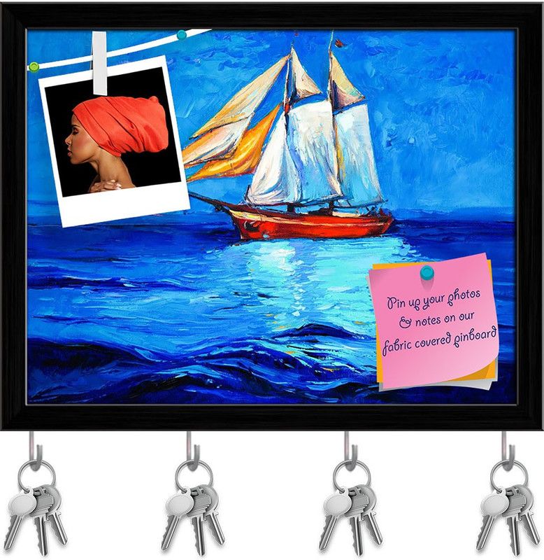 Artzfolio Artwork Of Sail Ship & Sea Pin Board with Key Holders Black Frame 10.2x8inch Cork Bulletin Board  (Multicolor 10.2 x 8 inch (26 x 20 cms))