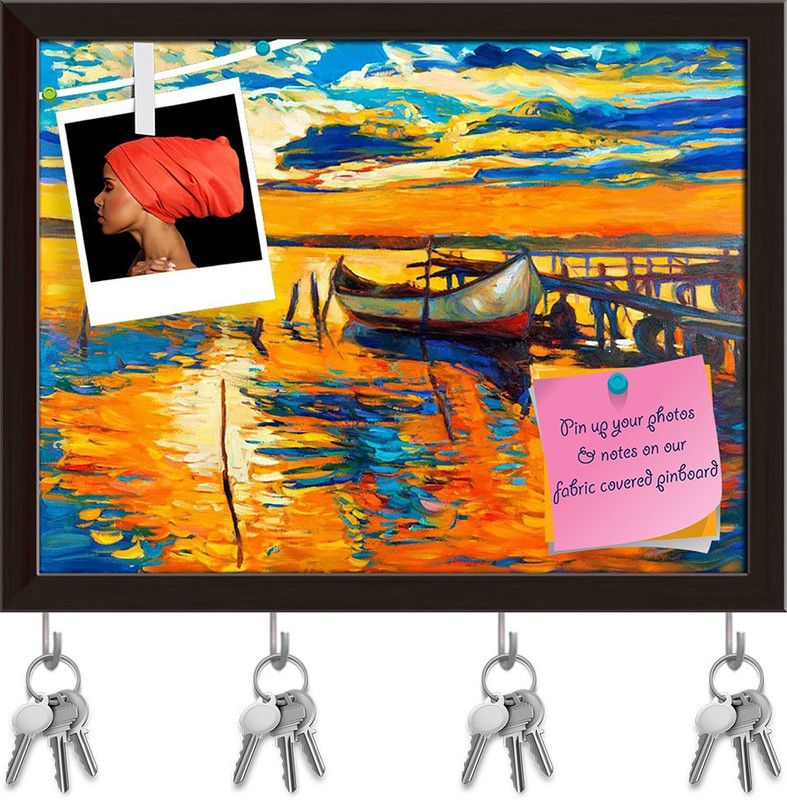 Artzfolio Artwork Of Boat & Jetty D2 Pinboard with Key Holders Dark Brown Frame10.3x8inch Cork Bulletin Board  (Multicolor 10.3 x 8 inch (26 x 20 cms))