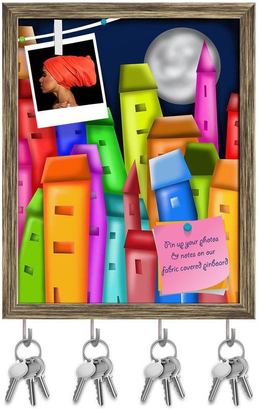 Artzfolio Colorful Houses Pin Board with Key Holders Antique Golden Frame 12x15.1inch Cork Bulletin Board  (Multicolor 12 x 15.1 inch (30 x 38 cms))