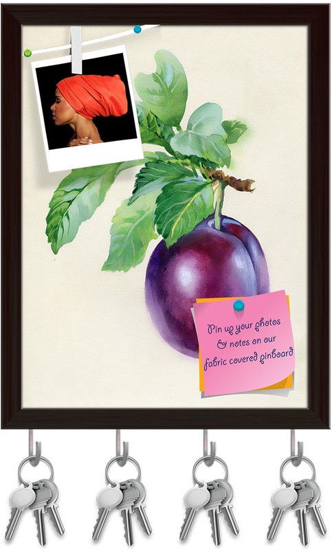 Artzfolio Blue Plum Branch Pinboard with Key Holder Hooks Dark Brown Frame 10x13inch Cork Bulletin Board  (Multicolor 10 x 13 inch (25 x 33 cms))