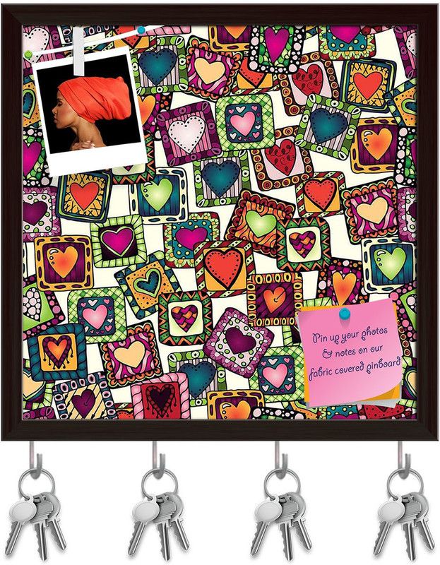 Artzfolio Doodle Hearts D2 Pinboard with Key Holder Hooks Dark Brown Frame 20x20inch Cork Bulletin Board  (Multicolor 20 x 20 inch (51 x 51 cms))