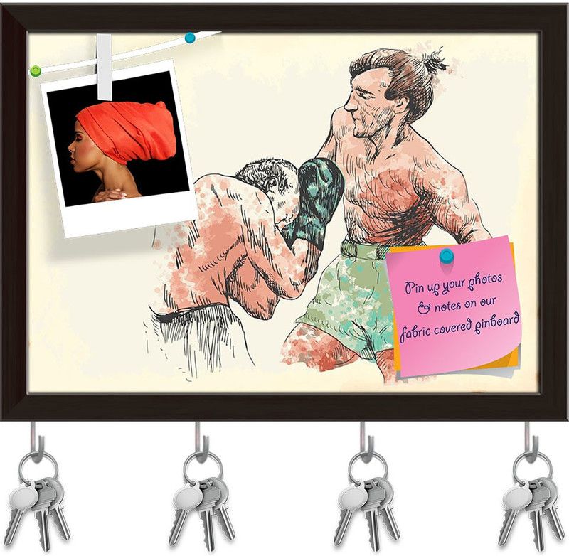 Artzfolio Boxing Men D6 Pinboard with Key Holder Hooks Dark Brown Frame 10.9x8inch Cork Bulletin Board  (Multicolor 10.9 x 8 inch (28 x 20 cms))