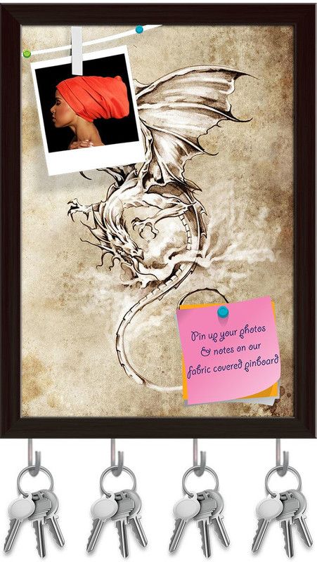 Artzfolio Tattoo Art Classic Dragon Pinboard with Key Holders Dark Brown Frame6x8.2inch Cork Bulletin Board  (Multicolor 6 x 8.2 inch (15 x 21 cms))