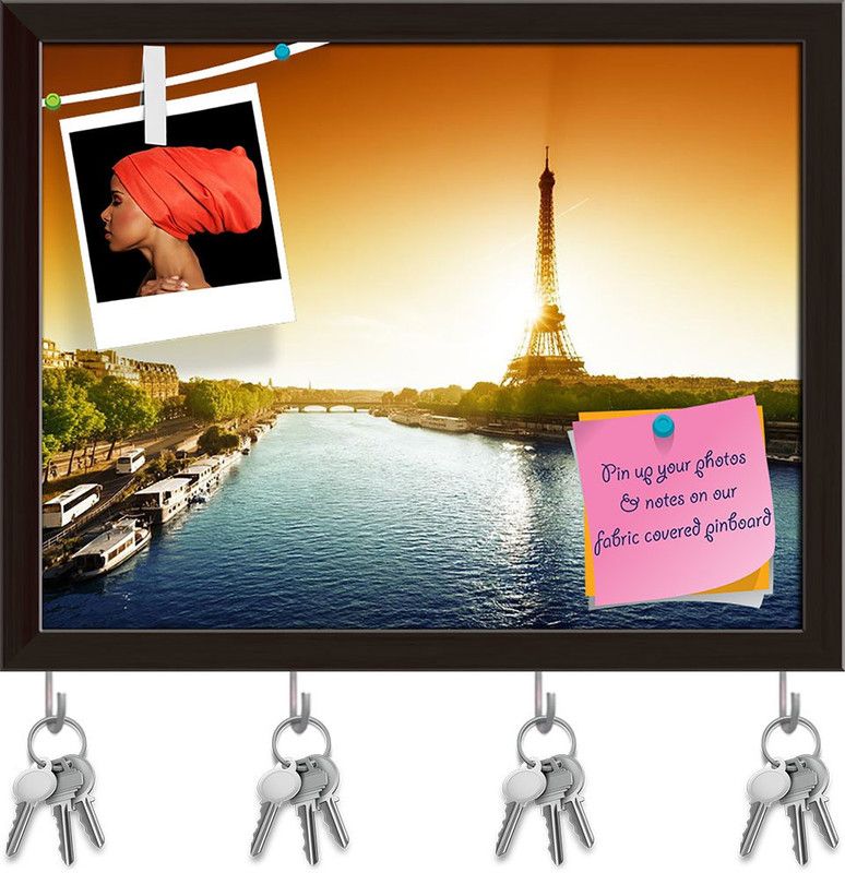 Artzfolio Eiffel Tower, Paris Pinboard with Key Holder Hooks Dark Brown Frame 10.1x8inch Cork Bulletin Board  (Multicolor 10.1 x 8 inch (26 x 20 cms))